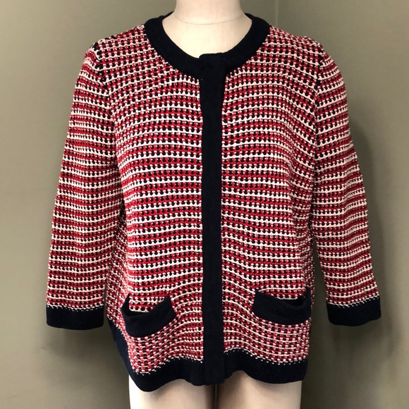 Talbots Knit Sweater 1X Petite Cardigan Red White Blue Cotton - Picture 1 of 10